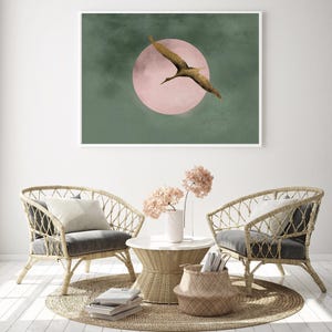 Sage Green Japandi Wall Art Print, Flying Golden Crane Bird Poster, Minimalist Landscape Artwork, Large Living Room Decor, Pink Moon Decor
