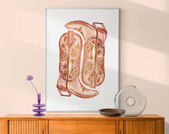 Pink Cowgirl Boots Print: Trendy Gold Dorm Decor (Digital Download)