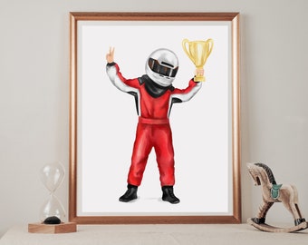 May include: A watercolor illustration of a person wearing a red racing suit and a white helmet holding a gold trophy with one hand raised in the air.