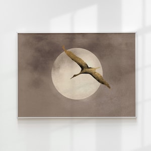 Japandi Moon Wall Art, Feng Shui Neutral Decor, Flying Golden Crane Bird Poster, Japanese Sun Art, Large Living Room Decor, Oriental Art