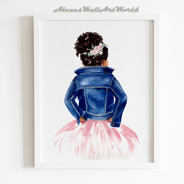 Personalized Name African American Girl In Jeans Jacket, Flower Crown Girl Wall Art, Black Girl Magic, African Young Queen Art Print,DIGITAL