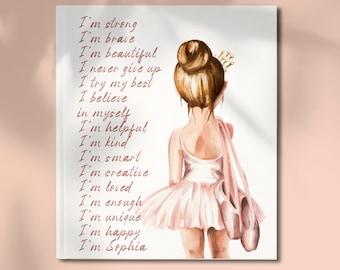 Personalized Name Ballerina Canvas Wall Art, Daily Affirmation Wall Art, Blush Pink Ballerina Nursery Decor, Soft Watercolor Ballet Decor