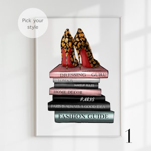 Fashion Shoes Heels Print, Fashion Book Stack Art, Fashion Girl Room College Decor, Leopard Print, High Heels Art, Red Heels, Paris wall Art