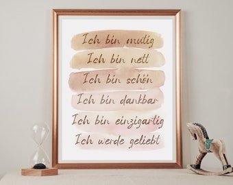 German Affirmations Watercolor Print, Boho Nursery Decor (Digital Download)