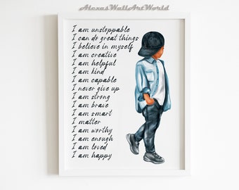 Children Daily Positive Affirmations Print, African American Boy Wall Art Printable, Children Empowerment, Black Boy Joy, Black Little Boy