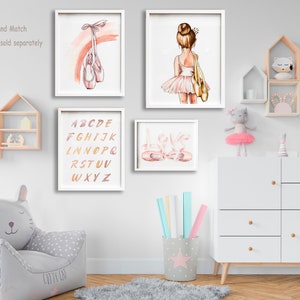 Impresión de vivero de bailarina, arte de pared de bailarina rosa rubor, cartel de dormitorio de niña pequeña bailarina rubia, decoración de vivero de acuarela suave neutra imagen 4