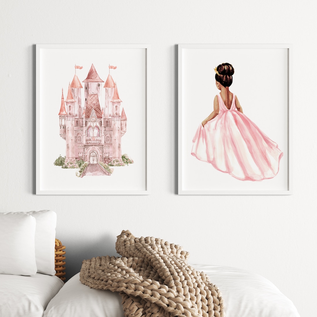 Set of 2 Princess Castle Wall Art, African American Princess Girl