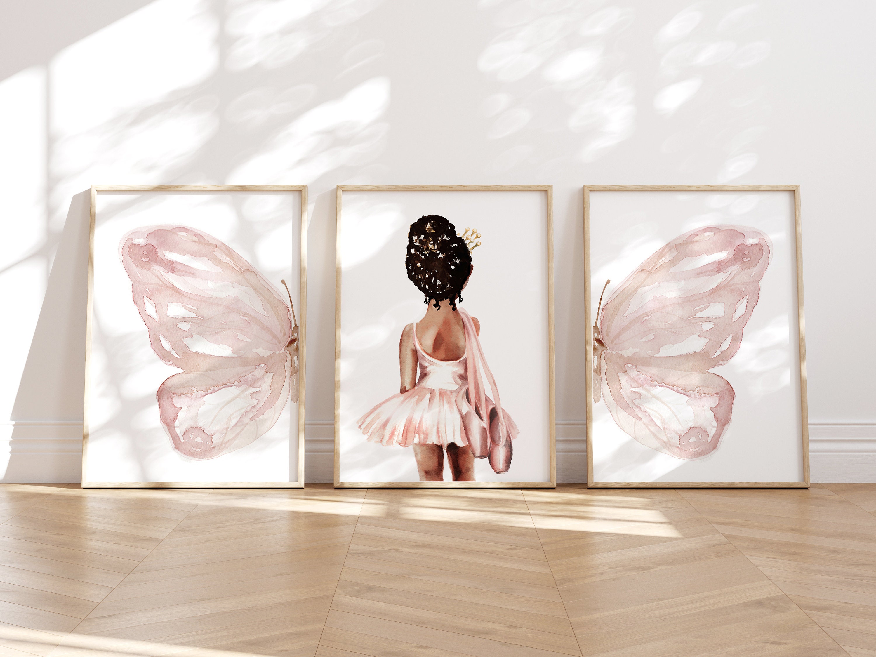 African American Ballerina & Pink Split Butterfly Wings, Ballet Set of 3 Wall Art for Girl's  Nursery, Personalized Prima Ballerina, DIGITAL