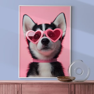 Puppy Wall Art, Colourful Nursery Puppy Decor, Puppy in Pink Heart Glasses Print, Fun Kid&#39;s Room Decor, Eclectic Playroom Dog Print
