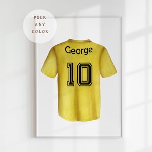 Impresión de camiseta de fútbol personalizada con nombre, arte de pared con nombre infantil personalizado, decoración de fútbol para dormitorio infantil, regalo para fanáticos del fútbol, póster deportivo para guardería