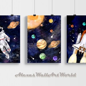 Set van 3 aquarel ruimteafdrukken, zonnestelsel kunst aan de muur, astronaut afdrukbaar, ruimteschip jongens kinderkamer kunst, ruimte thema kwekerij decor digitaal