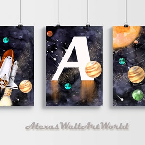 Conjunto de 3 impresiones DIGITALES espaciales, impresión de dormitorio para niños del sistema solar, nombre personalizado Space Art, acuarela Espacio Shuttle Toddler Bedroom
