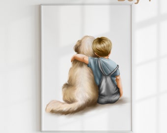 Boy and Golden Retriever Nursery Print: Personalized Puppy Decor (DIGITAL)