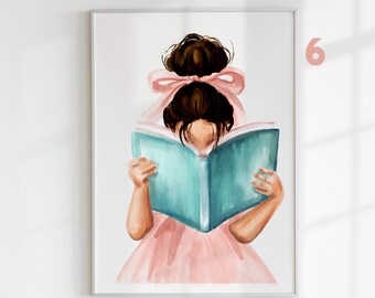 Personalized Girl Reading Print: Watercolor Nursery Decor (Digital Download)