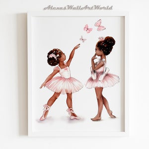 Art mural soeurs ballerines afro-américaines, décoration de chambre de petite fille, art mural ballerine noire, nom personnalisé chambre de bébé ballerine