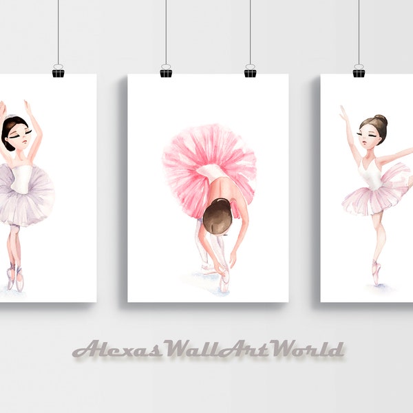 Ballerina Nursery Printable Wall Art, Set of 3 Ballerina Prints, Toddler Girl Bedroom Printable Decor, Ballet Dancer Poster, DIGITAL