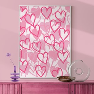 Trendy Preppy Pink Hearts Printable Poster, Teen Girl Room, Graffiti Hearts Wall Art Print, Abstract Hearts Art, Dorm College Room Girly Art