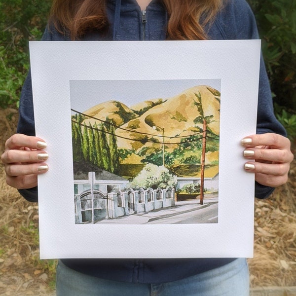 San Jose Foothills Watercolor Art Print - 12" Square | Neighborhood Street Scene with Power Lines; Urban Landscape Painting