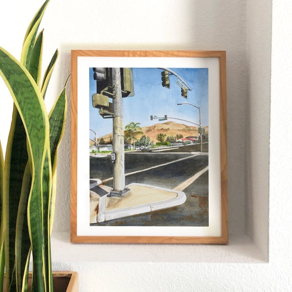 Watercolor Urban Landscape - 11x14" Art Print | San Jose Neighborhood Street Scene | Intersection Painting