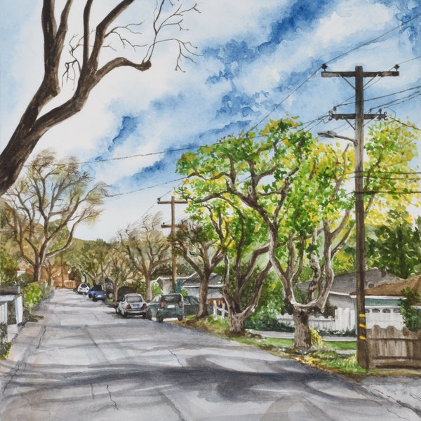 Tree Lined Street - 11x14" Watercolor Print | San Jose Neighborhood Landscape Painting, Street Scene