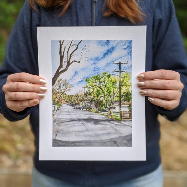 Tree Lined Street - 8x10" Watercolor Print | San Jose Neighborhood Landscape Painting, Street Scene