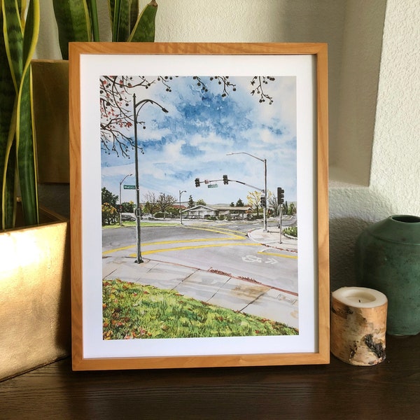 San Jose Neighborhood - 11x14" Watercolor Art Print with Sky, Streetlights, and Intersection | Urban Landscape Painting
