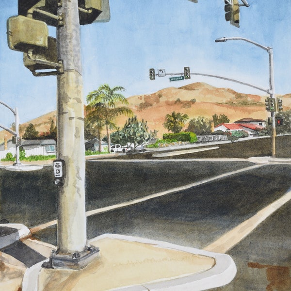 Watercolor Urban Landscape - 8x10" Art Print | San Jose Neighborhood Intersection Painting