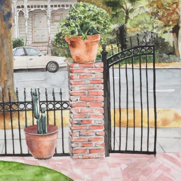 Cactus & Brick Watercolor - 12" Square | City Still Life Painting; Outdoor Street Print Art