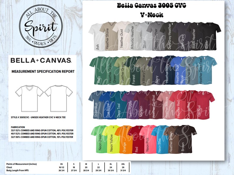 Pu&ograve; includere: Un grafico che mostra la t-shirt Bella + Canvas 3005 CVC V-Neck in una variet&agrave; di colori. Il grafico include il numero di stile, la composizione del tessuto e le misure in pollici. I colori includono: Cenere, Pietra melange, Polvere melange, Melange atletico, Argento, Melange scuro, Melange grigio scuro, Grigio scuro, Melange nero, Nero, Blu acciaio, Blu vero, Erba melange, Verde, Blu scuro, Verde melange, Verde neon, Giallo neon, Arancione, Viola di squadra, Rosso, Rosa neon, Blu neon, Marrone melange, Marrone, Cardinal melange, Malva melange, Rosso melange, Rosso tela, Cardinal, Verde militare, Blu navy, Blu navy melange, Ardesia melange, Blu vero, Reale, Blu scuro melange.
