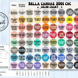 Pu&ograve; includere: Tabella colori per t-shirt Bella Canvas 3001 CVC, che mostra una variet&agrave; di colori melange e tinta unita. La tabella include nomi per ogni colore, come Heather Oatmeal, Heather Prism Natural e Solid Asphalt Blend. La tabella include anche un rapporto di specifiche di misurazione per la t-shirt.