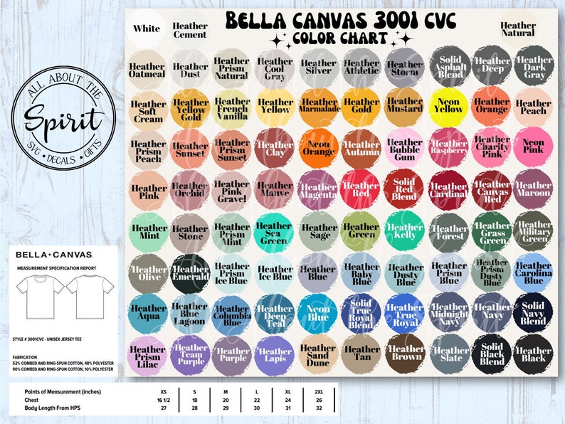 Pu&ograve; includere: Tabella colori per t-shirt Bella Canvas 3001 CVC, che mostra una variet&agrave; di colori melange e tinta unita. La tabella include nomi per ogni colore, come Heather Oatmeal, Heather Prism Natural e Solid Asphalt Blend. La tabella include anche un rapporto di specifiche di misurazione per la t-shirt.