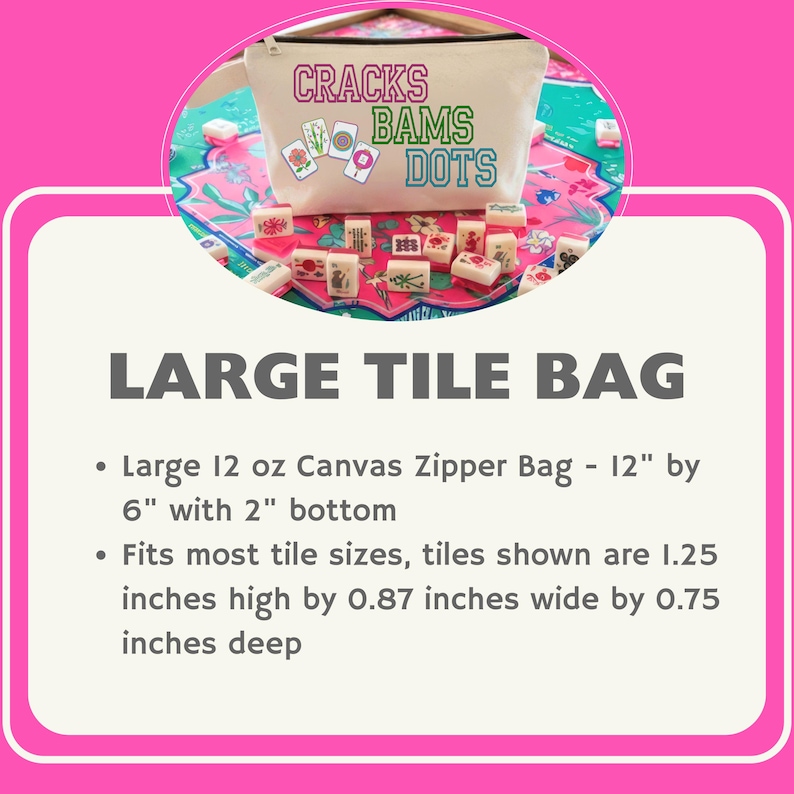 May include: A large canvas zipper bag with the text "CRACKS BAMS DOTS" in green, pink, and blue. The bag is beige and features a zipper closure. The bag is 30.5 cm by 15.2 cm with a 5 cm bottom.
