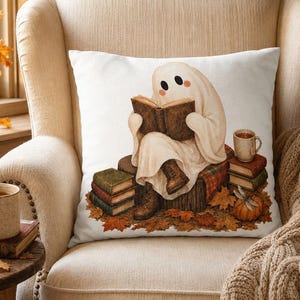 Cozy Reading Ghost Pillow | Fall Book Lover Decorative Throw Pillow