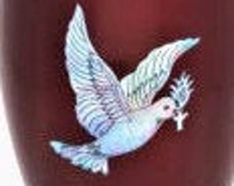 Cremation Urn | Adlt urn for ashes | Inlaid Mother of Pearl | Uniquely made with pieces of MOP Forming a Dove on Red background.