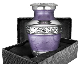 Unique "Remembered" KEEPSAKE Ash Cremation Urn.  Brilliant purple background.    NOTE: Ships Fast from USA (Not from overseas)