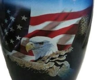 Human cremation urn, Patriotic Freedom urn.. Military ash cremation urn.  Metal Adult Cremation urn with Eagle and Flag