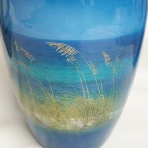 Metal cremation urn Memorial ash urn Funeral Urn Beach Cremation Urn Looking through Sea Oats to white sandy beach & emerald water image 2