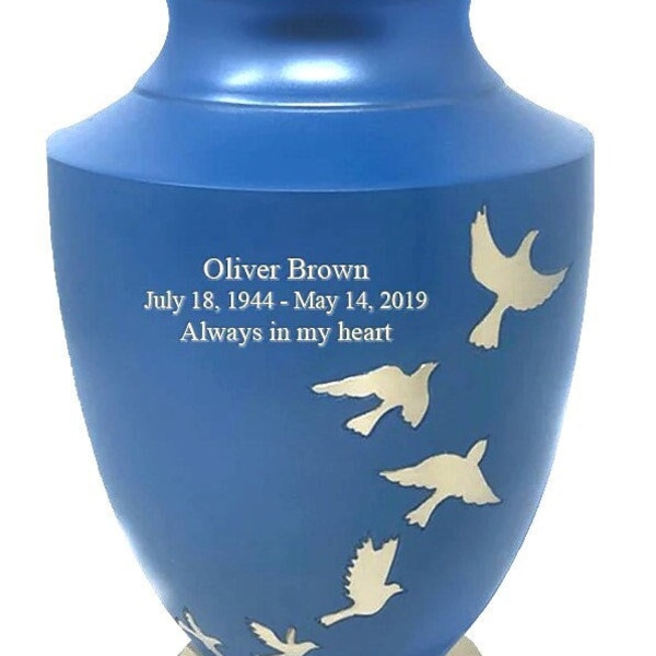Brilliant Blue cremation urn with doves ascending towards heaven | Can be engraved| in US. no waiting. Amazing sheen & workmanship.