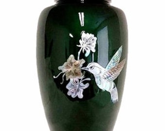 Handcrafted Colourful with Sleek Lacquer Coating Olive Green Hummingbird Cremation Urn Width 6 Height 10.5