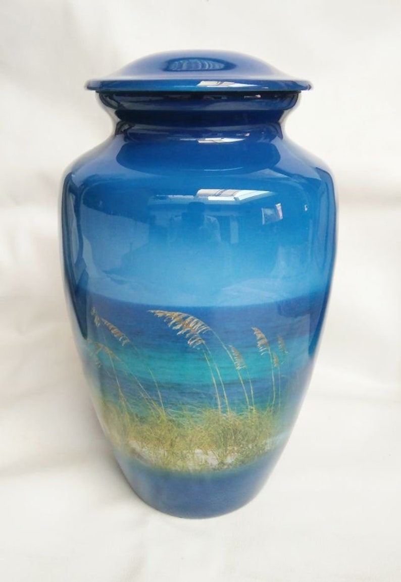 Metal cremation urn Memorial ash urn Funeral Urn Beach Cremation Urn Looking through Sea Oats to white sandy beach & emerald water image 2