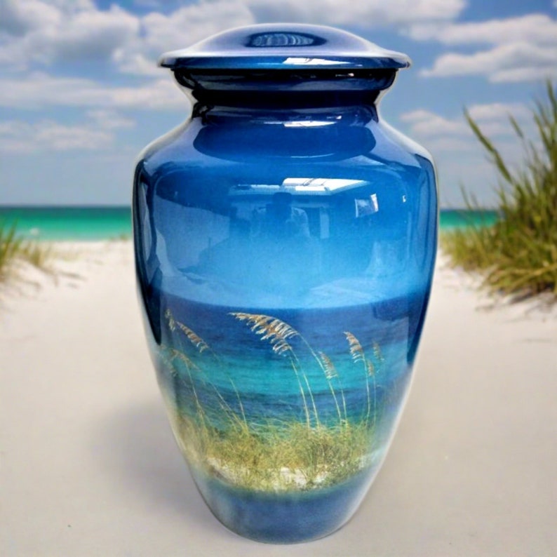 Metal cremation urn Memorial ash urn Funeral Urn Beach Cremation Urn Looking through Sea Oats to white sandy beach & emerald water image 1