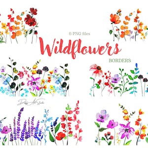 Watercolor Wildflowers Borders clipart, Botanical floral, Wild flowers Watercolour Clip Art Digital Download, PNG