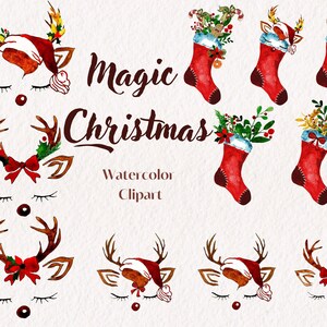 Watercolor Christmas clipart, socks with gifts and twigs, Christmas socks and reindeer Christmas decorations, hand-painted paintings