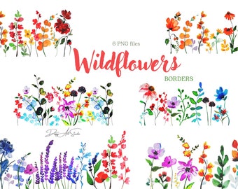 Watercolor Wildflowers Borders clipart, Botanical floral, Wild flowers Watercolour Clip Art Digital Download, PNG