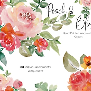 Peach roses blush watercolor floral clipart, wedding invitations print PNG blush, red orange yellow yellow pink flowers, green leaves