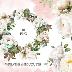 Aquarelle Fleurs Clipart, Pivoine et Roses clipart, Couronne, bouquets PNG, Fleurs de mariage, Téléchargement numérique, PNG
