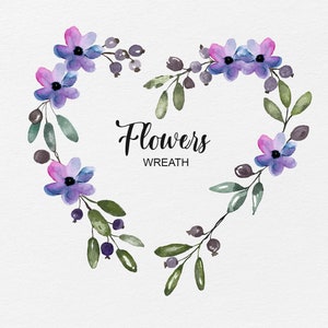 Watercolor wreath with flowers clipart, Flower heart wreath, Wedding clipart, PNG