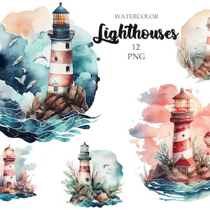 Clipart de faróis em aquarela, clipart do oceano, download instantâneo, PNG