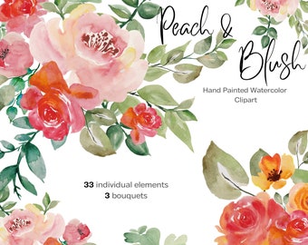Può includere: Clipart ad acquerello con fiori color pesca e blush con foglie verdi. Il testo "Peach & Blush" e "Hand Painted Watercolor Clipart" è incluso nell'immagine.