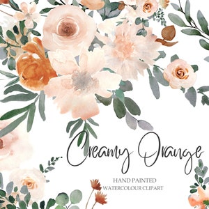 Watercolor Boho Flowers Clipart, Hand Painted Watercolor Creamy Orange Flower Clip Art, Fall, Spring Summer Wedding, PNG